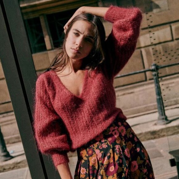 Rare! EUC Sezane Rosa Reversible Mohair Wool Pointelle Sweater Rosewood Small - Picture 2 of 8